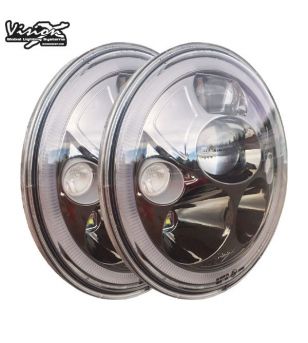 PAIR OF 7 inch ROUND VORTEX BLACK CHROME FACE LED HEADLIGHT with LOW-HIGH-HALO 9-32V DC EA